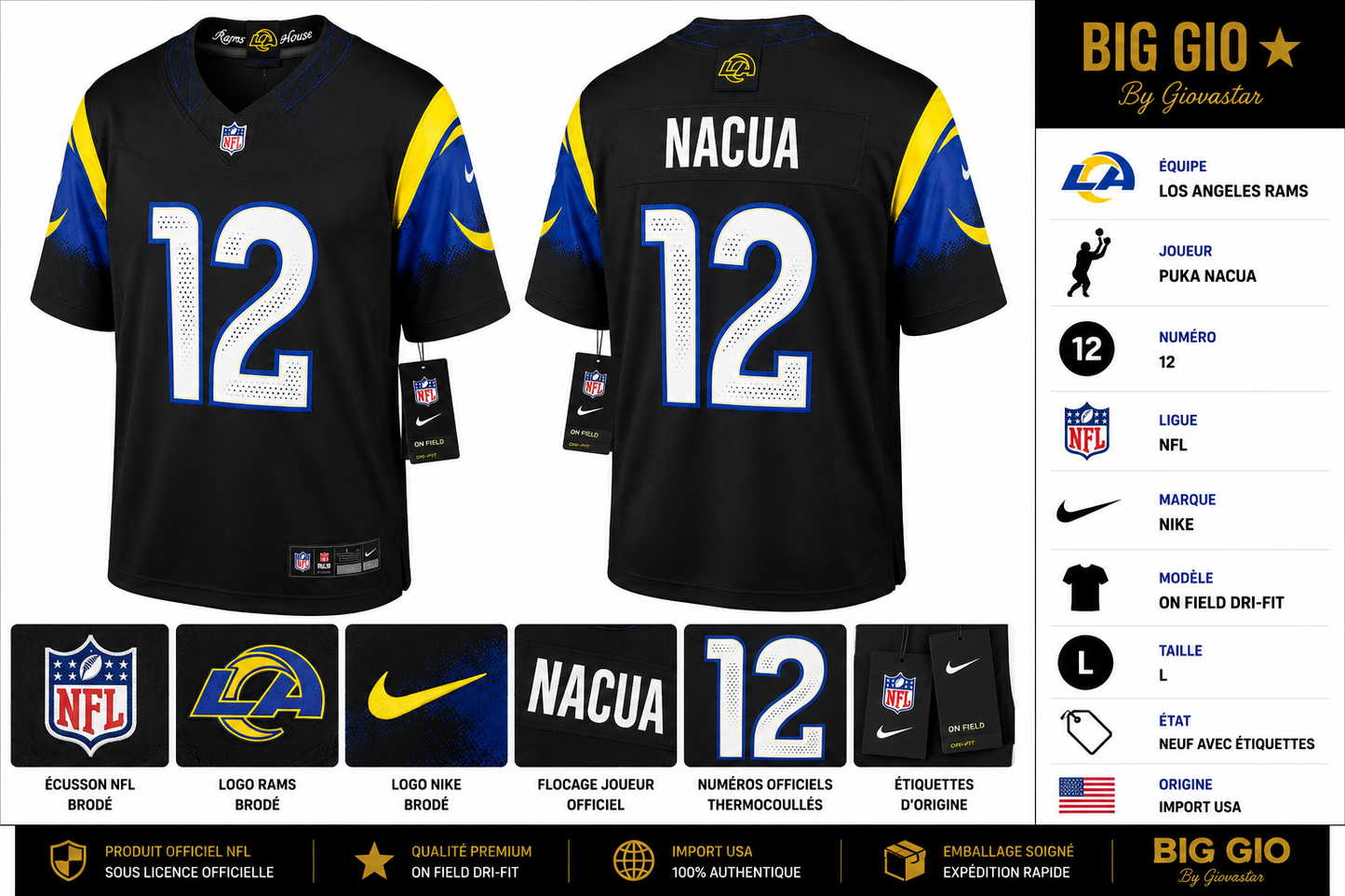 Maillot NFL Nike Los Angeles Rams Puka Nacua #12 Noir On Field Dri-FIT L