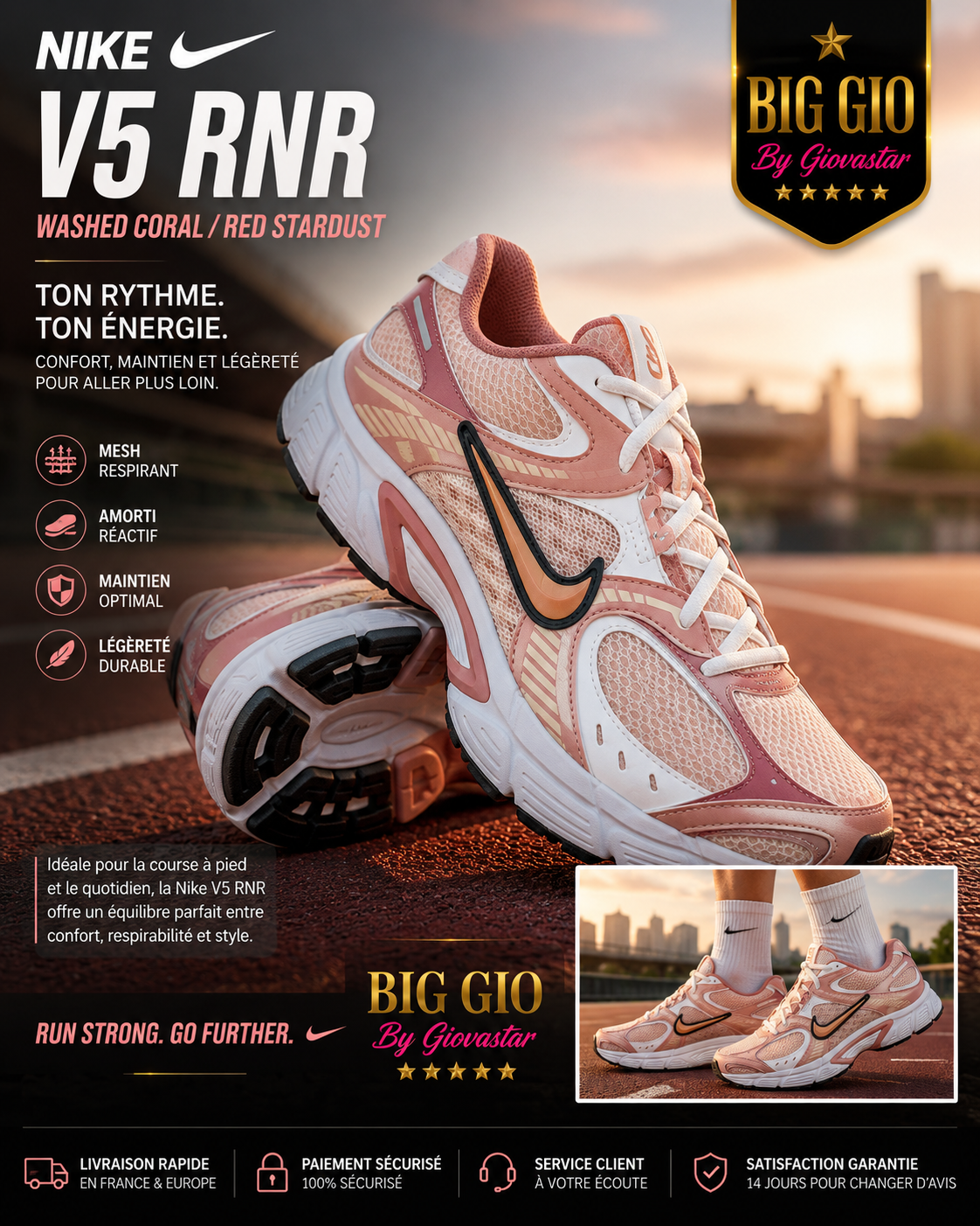 Nike V5 RNR Washed Coral Red Stardust – Running Lifestyle Premium 🌸🏃‍♀️