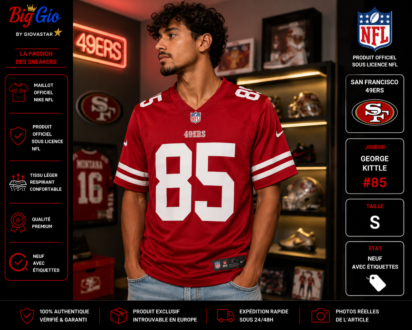 maillot nfl nike san francisco 49ers george kittle 85 taille s neuf