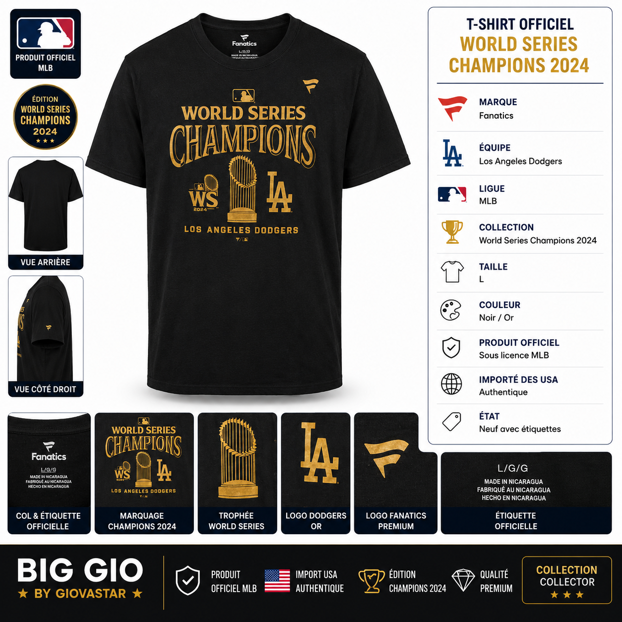 los angeles dodgers world series champions 2024 fanatics t-shirt noir or l