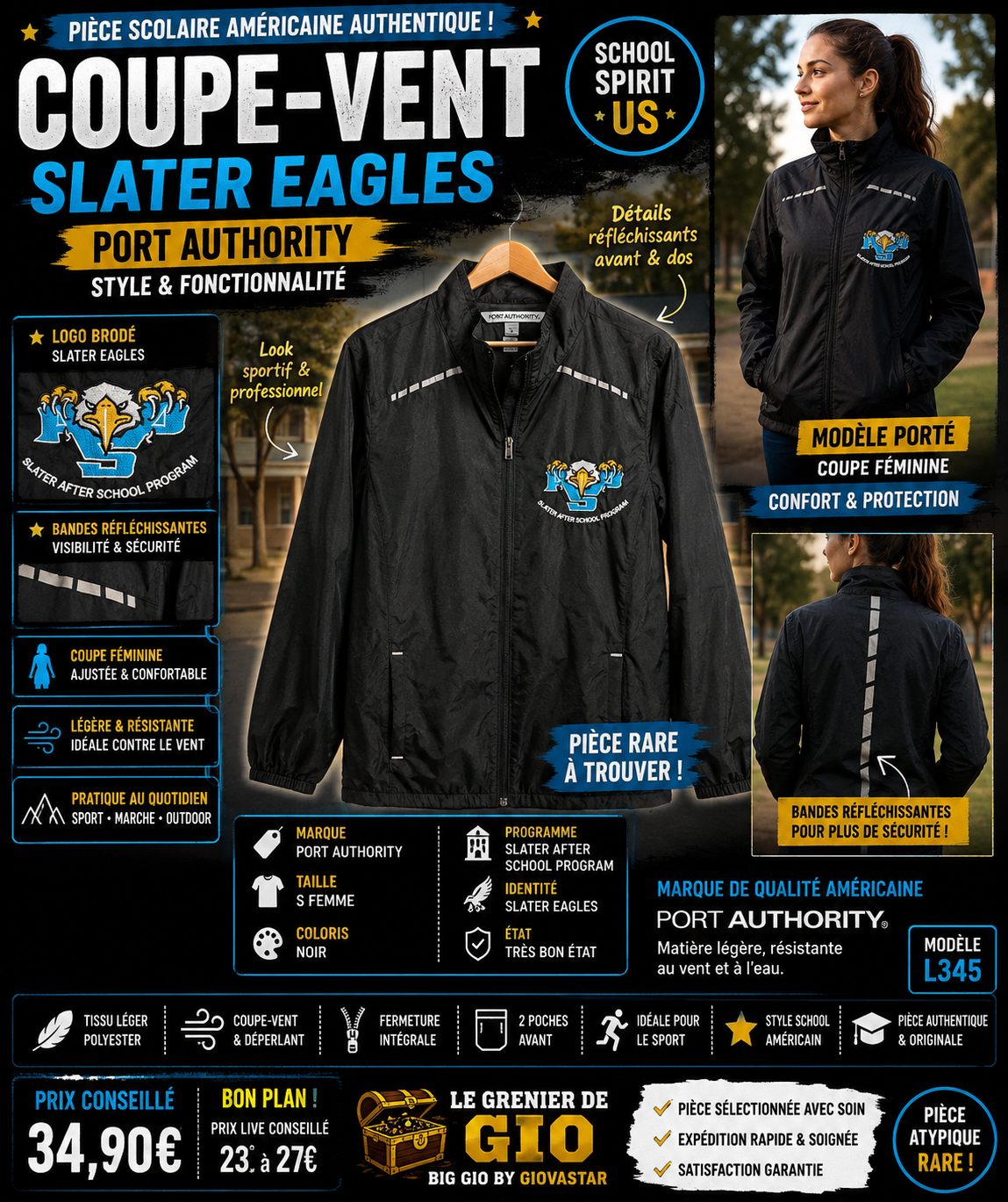 Coupe-vent Port Authority Slater Eagles brodé noir – Taille S femme
