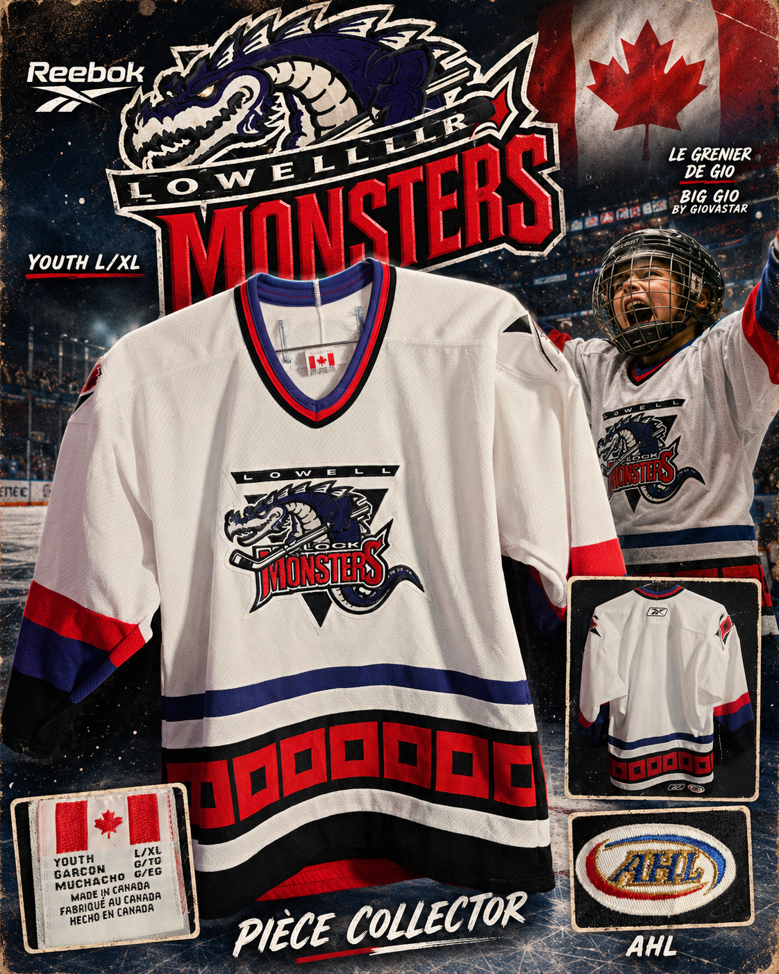 Reebok CCM Lowell Lock Monsters AHL jersey vintage brodé Made in Canada – Youth L/XL