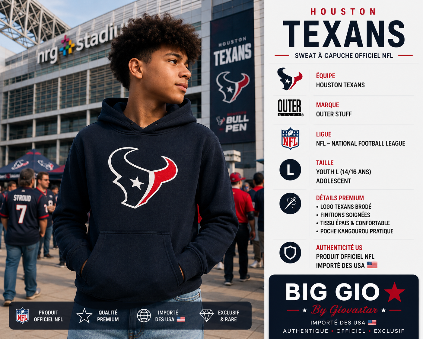 Houston Texans NFL hoodie officiel Outer Stuff youth L 14/16 navy collector US