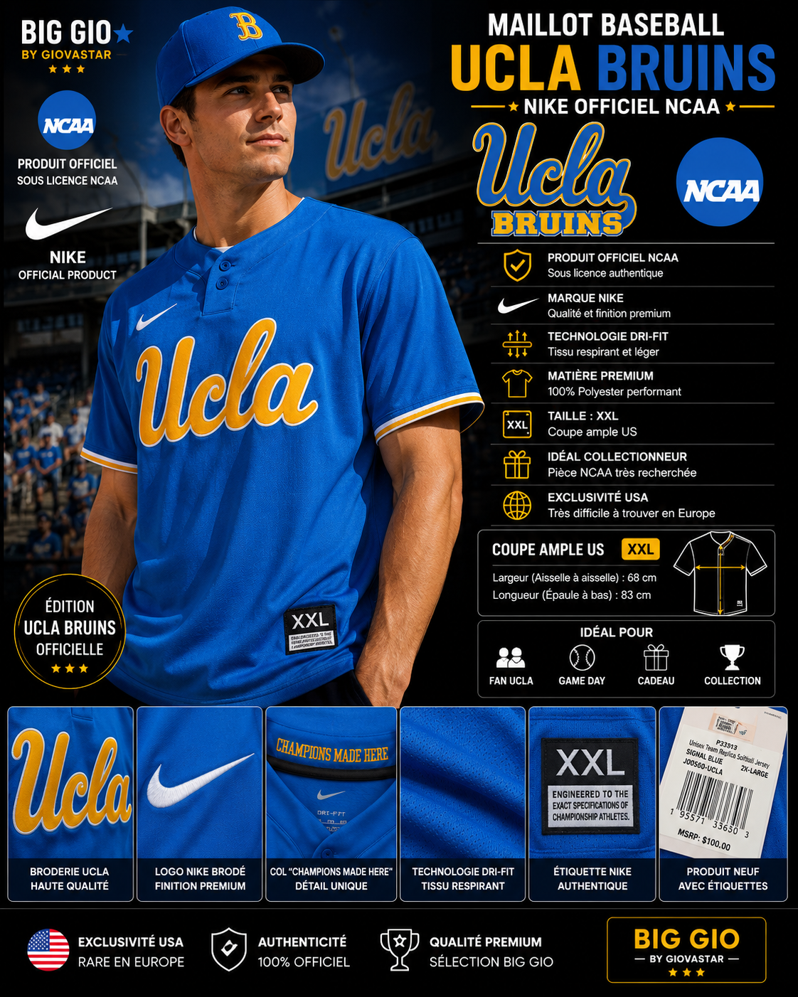 ucla bruins baseball jersey nike dri fit ncaa xxl