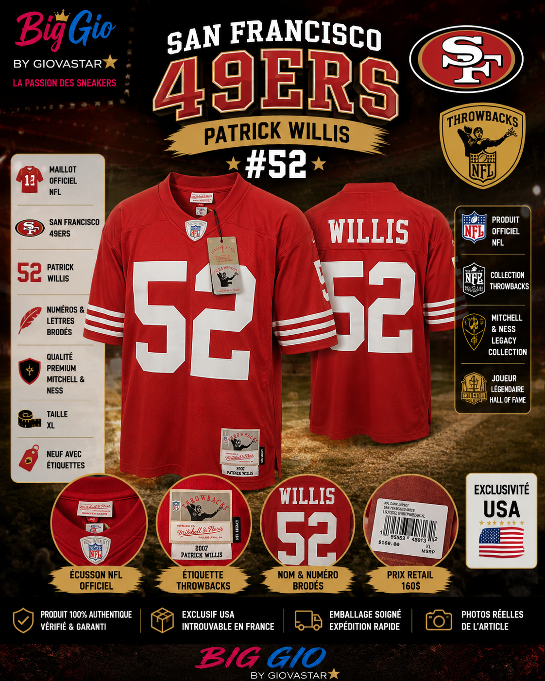 mitchell & ness patrick willis 52 san francisco 49ers nfl jersey xl