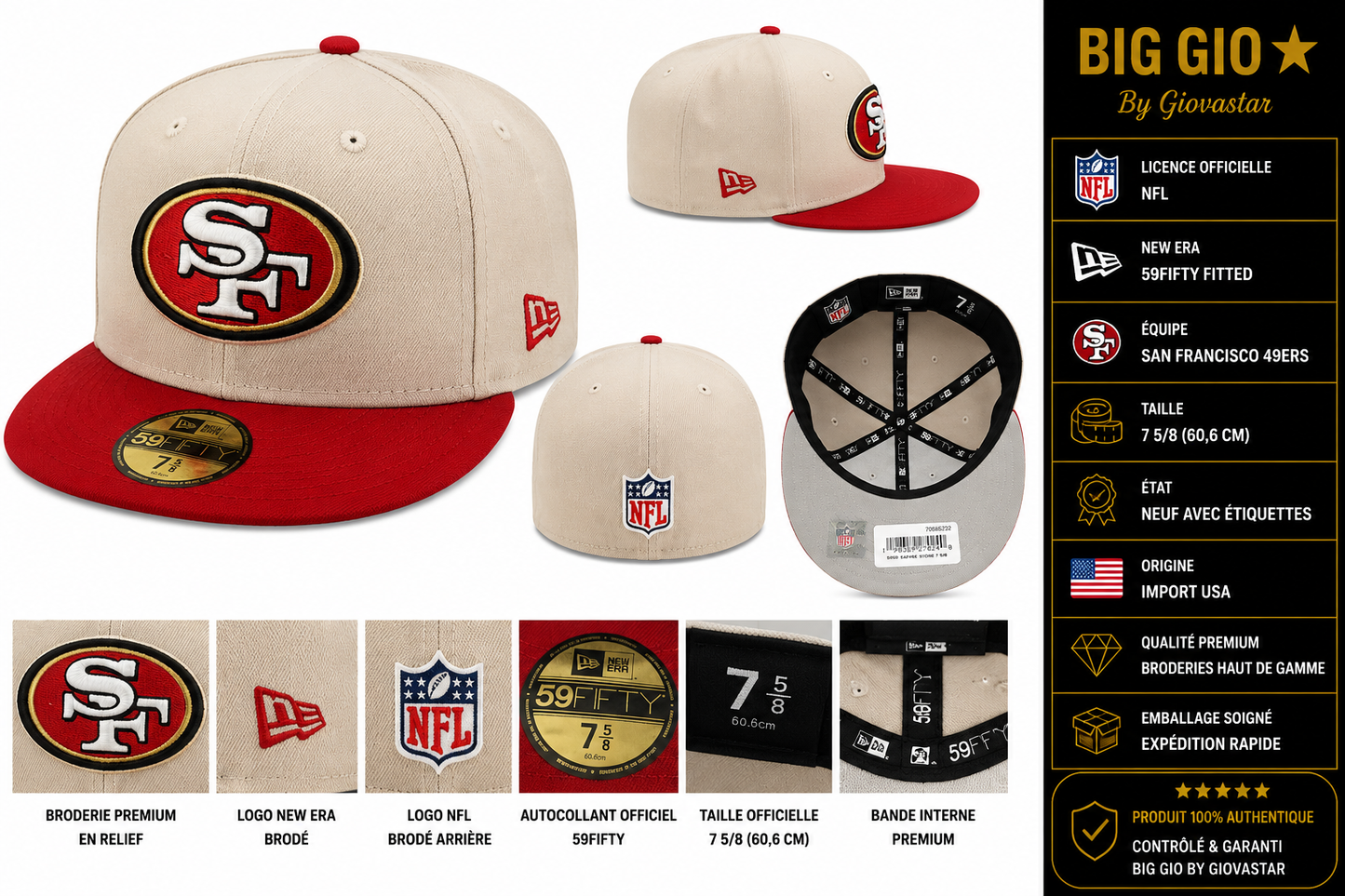 🏈 New Era 59FIFTY San Francisco 49ers Stone Red NFL Fitted 7 5/8 USA
