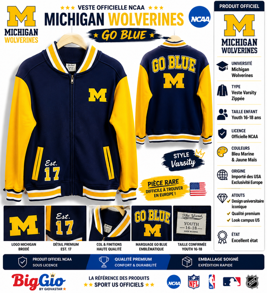 🔥 veste varsity michigan wolverines ncaa officielle go blue youth 16-18 ans 💙💛