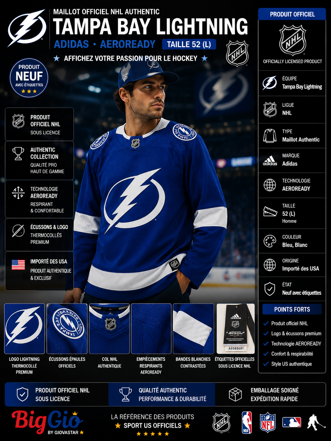 Maillot Adidas NHL Tampa Bay Lightning Authentic Jersey Bleu Taille 52 ⚡🏒 Édition Officielle Rare