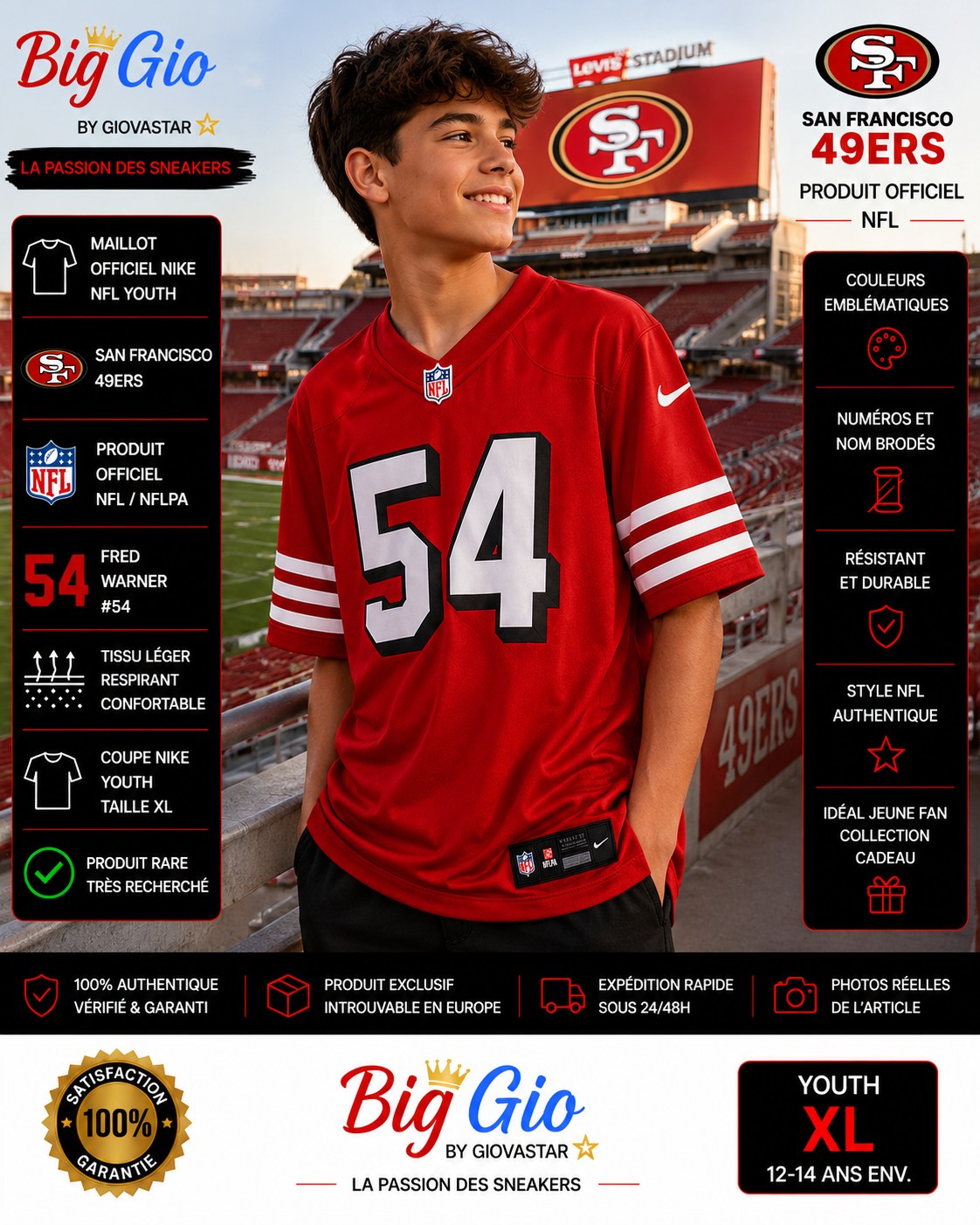 maillot nike nfl san francisco 49ers fred warner 54 youth Xl