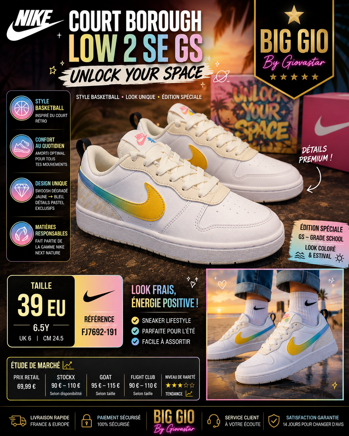 🌈 Nike Court Borough Low 2 SE GS "Unlock Your Space" 🌊✨ Swoosh Dégradé Jaune Bleu 💎 Taille 39 EU