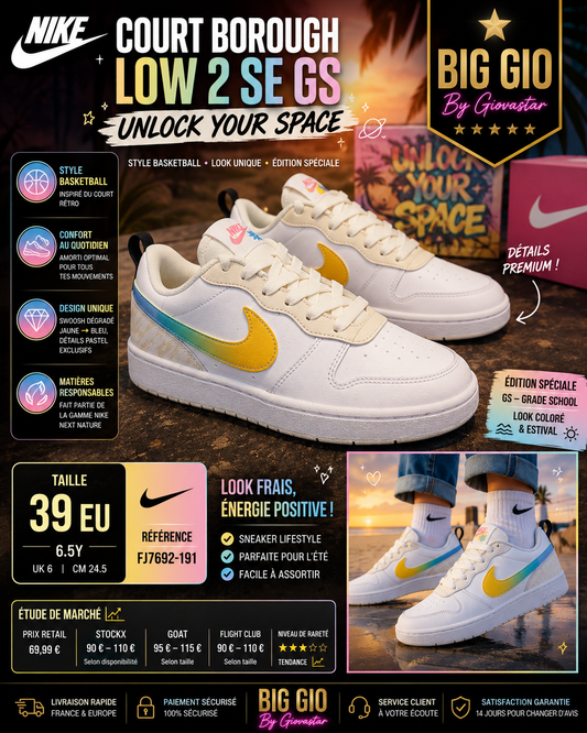 🌈 Nike Court Borough Low 2 SE GS "Unlock Your Space" 🌊✨ Swoosh Dégradé Jaune Bleu 💎 Taille 39 EU