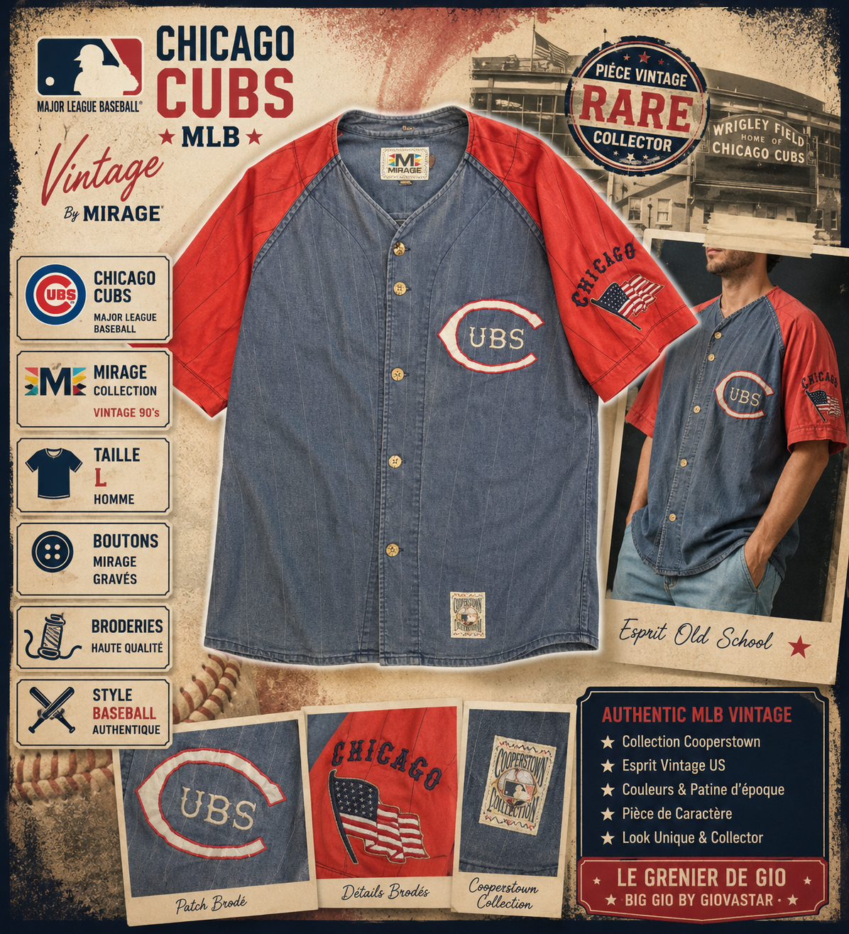 🔥 Vintage Chicago Cubs MLB Mirage Cooperstown Collection Jersey L – Baseball 90s – Rare 🇺🇸