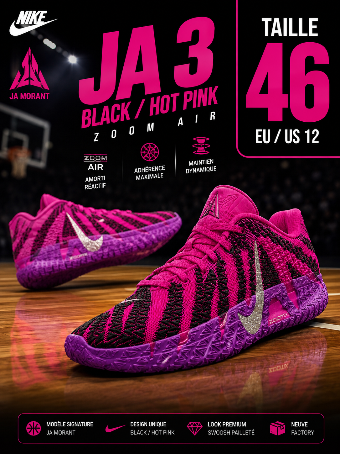 🔥 Nike Ja 3 Black Hot Pink Glitter Swoosh 💖 Zoom Air • Neuve Factory • Taille 46 EU • Import USA