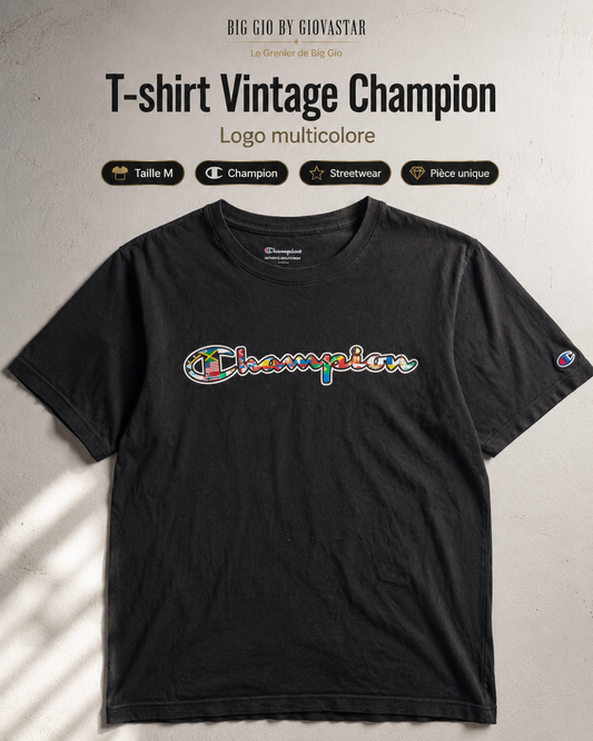T-shirt Champion Noir Logo Multicolore Taille M – Vintage
