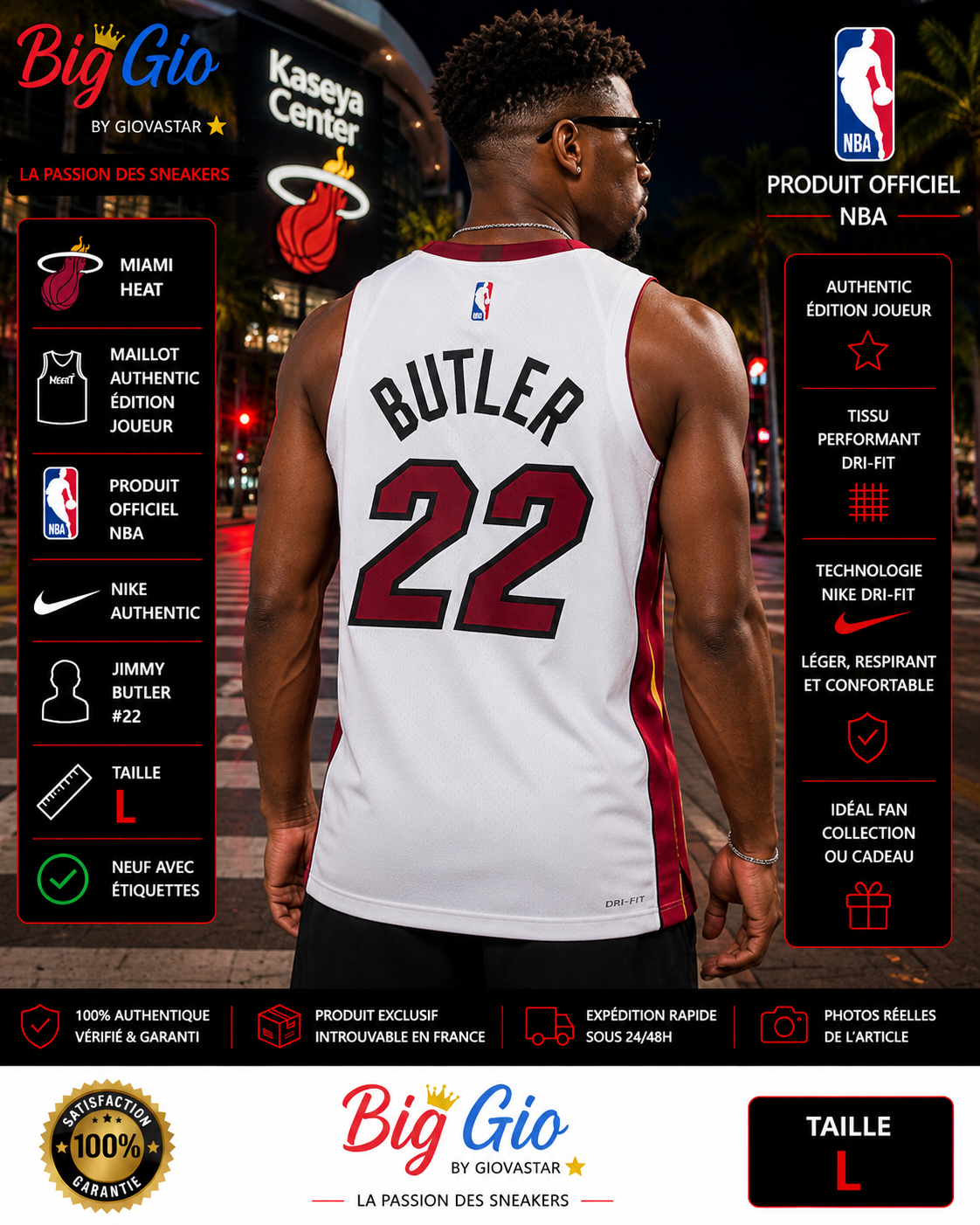 Miami Heat Jimmy Butler #22 Authentic Jersey Nike NBA blanc taille L