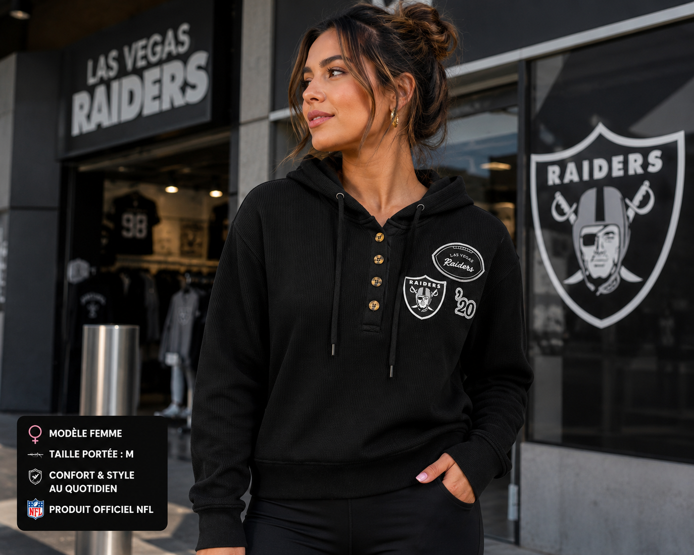 A🏴‍☠️ Hoodie Premium Las Vegas Raiders Femme ⚡ Édition Officielle NFL Team Apparel Noir Brodé