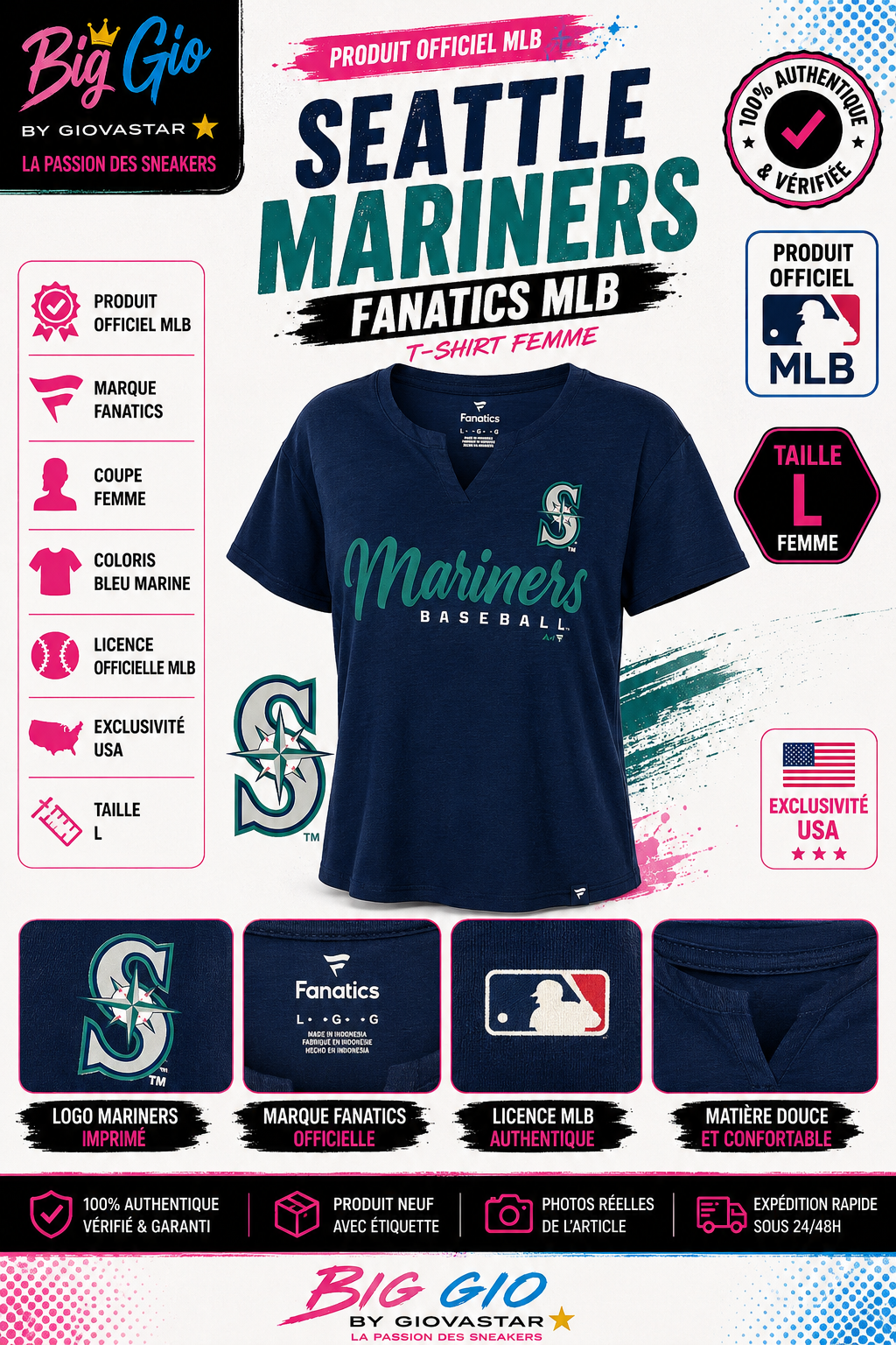 Seattle Mariners Fanatics MLB t-shirt femme bleu marine taille L