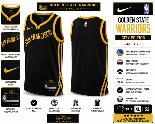 A🔥 Nike Golden State Warriors City Edition San Francisco Noir/Or NBA Authentic Dri-FIT XL 52 🏀 Import USA ⭐