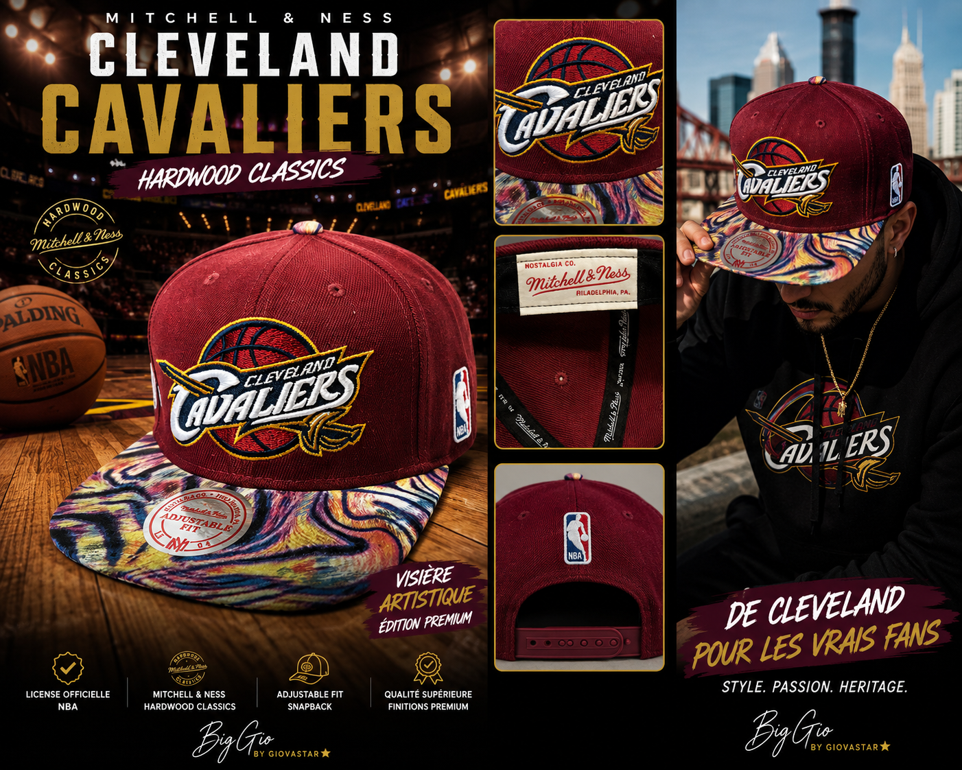 🏀 Mitchell & Ness Cleveland Cavaliers Hardwood Classics Snapback Officielle – Visière Artistique – Import USA