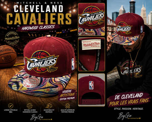 🏀 Mitchell & Ness Cleveland Cavaliers Hardwood Classics Snapback Officielle – Visière Artistique – Import USA