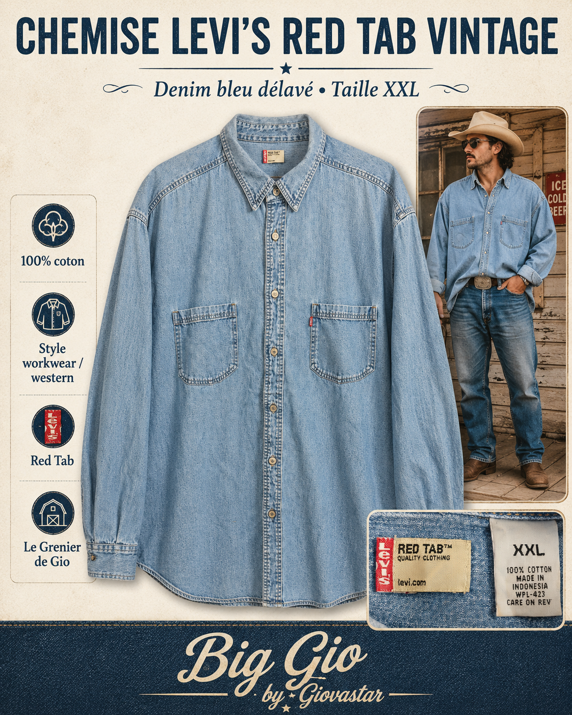 Chemise en jean Levi’s Red Tab vintage bleu délavé – Taille XXL