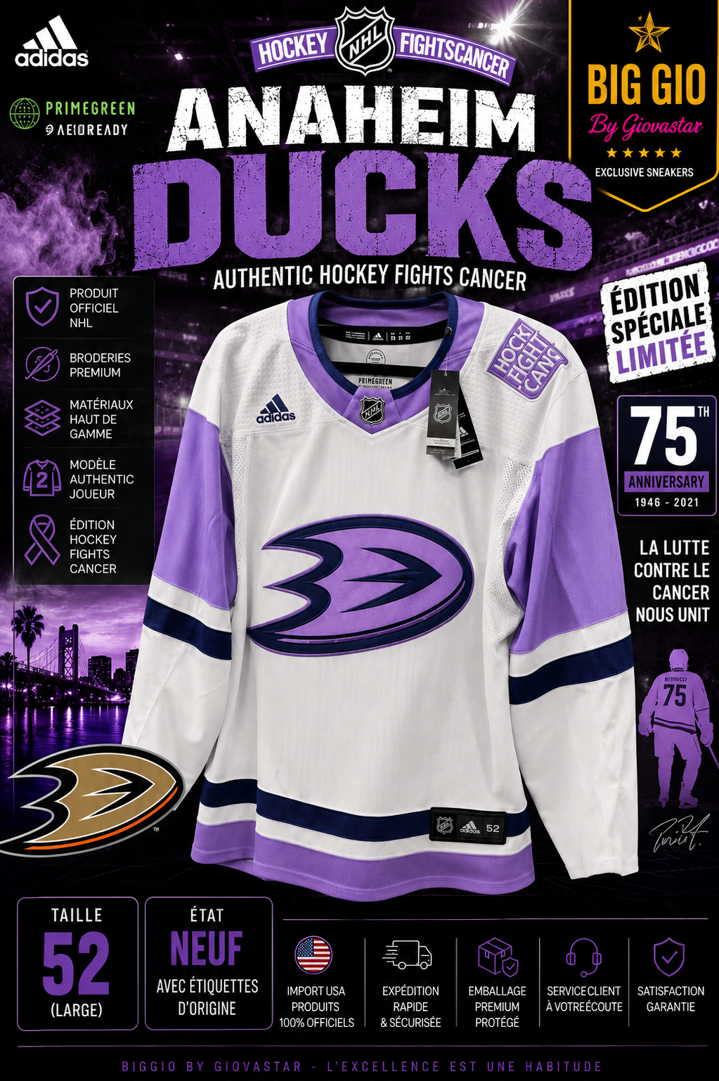 🏒 Adidas Authentic Anaheim Ducks Hockey Fights Cancer Primegreen NHL • Neuf avec étiquettes • Taille 52 (L)