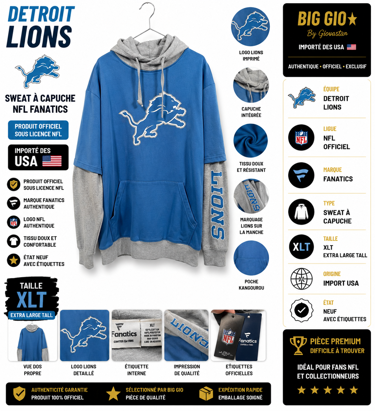 Detroit Lions NFL Fanatics Hoodie Bleu Gris XLT
