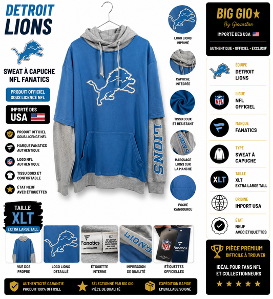 Detroit Lions NFL Fanatics Hoodie Bleu Gris XLT