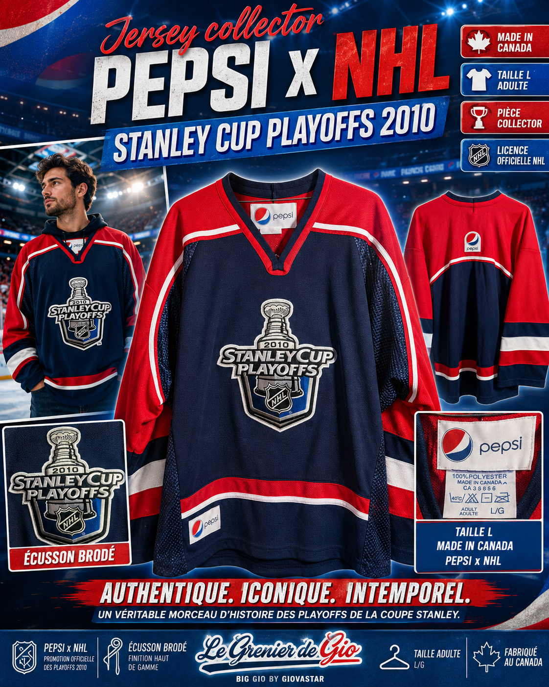 Jersey NHL Pepsi Stanley Cup Playoffs 2010 brodé Made in Canada – Taille L