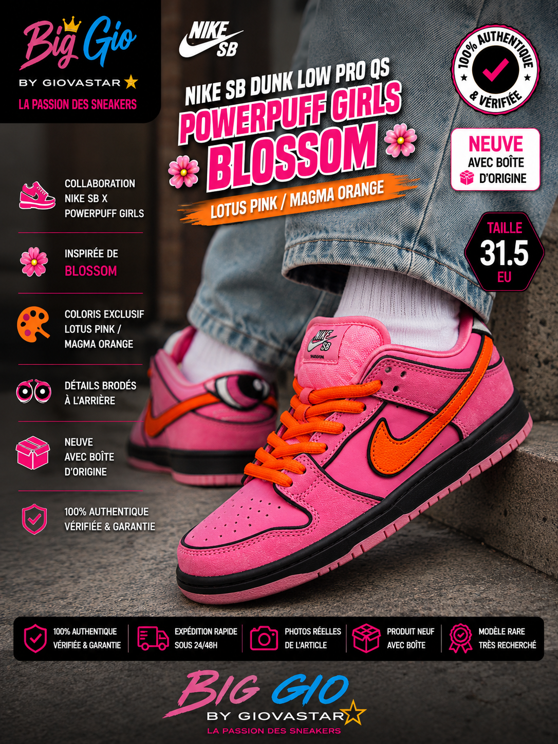 Nike SB Dunk Low Pro QS Powerpuff Girls Blossom 31.5 Neuve