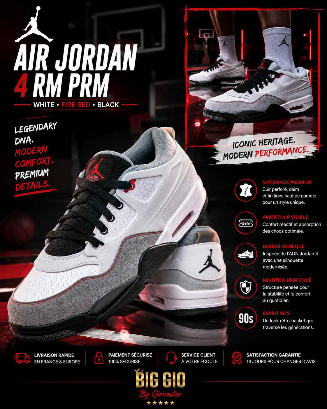 Air Jordan 4 RM PRM White Fire Red Black – Premium Edition – Import USA 🔥🏀T45