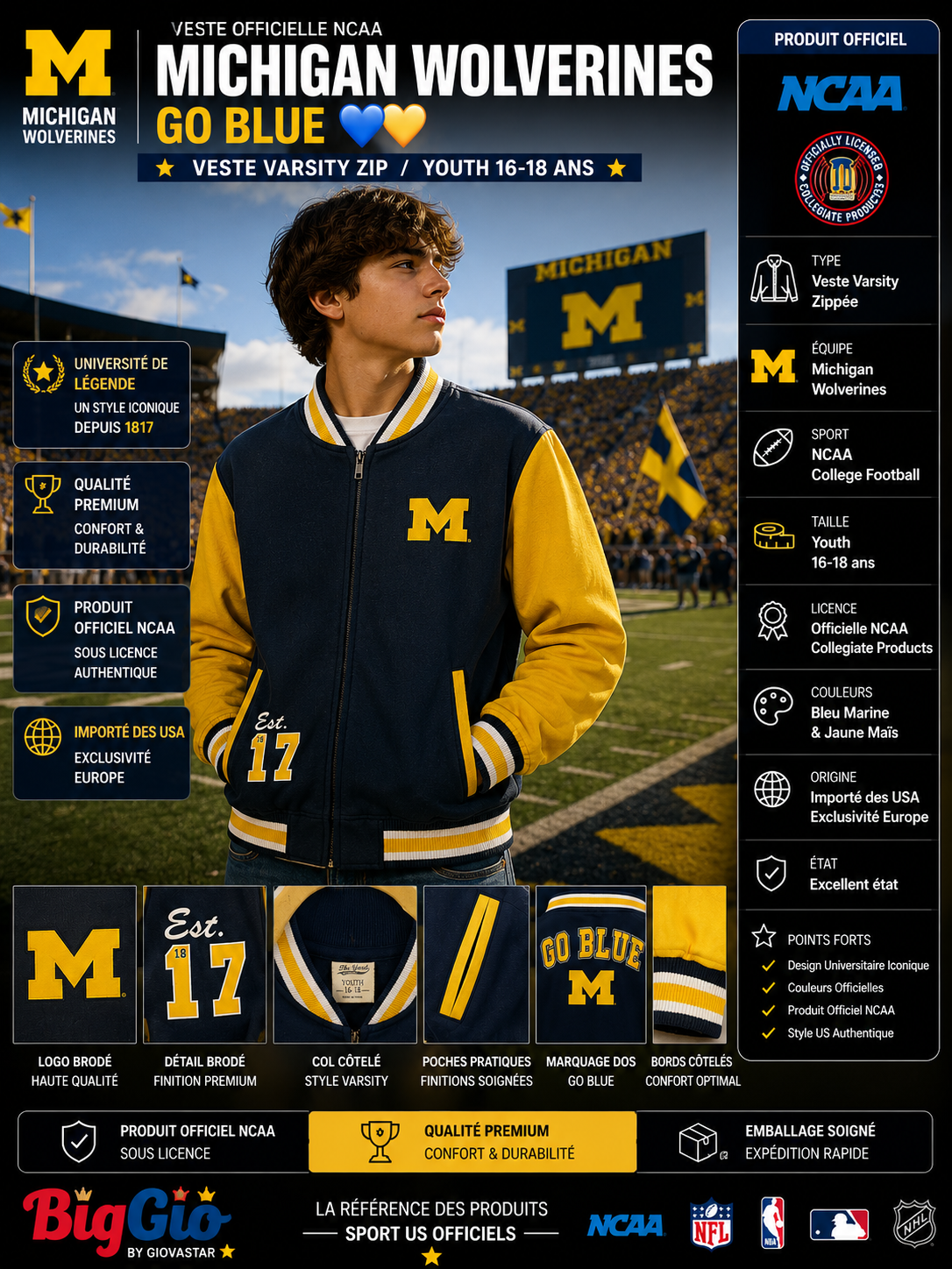 🔥 veste varsity michigan wolverines ncaa officielle go blue youth 16-18 ans 💙💛