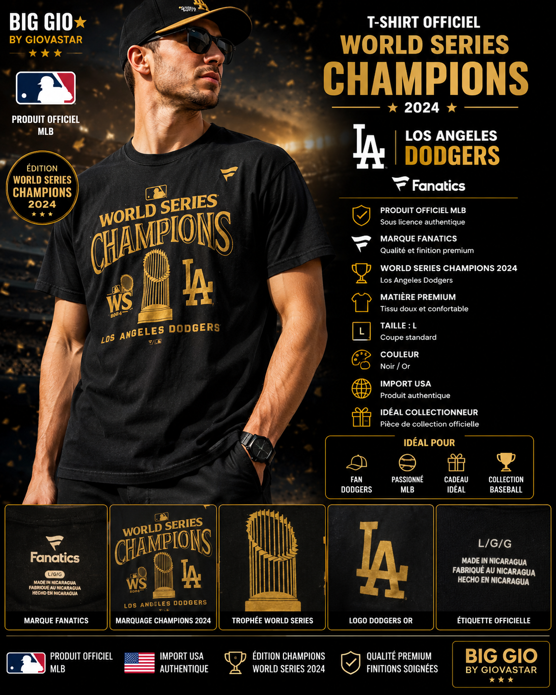los angeles dodgers world series champions 2024 fanatics t-shirt noir or l