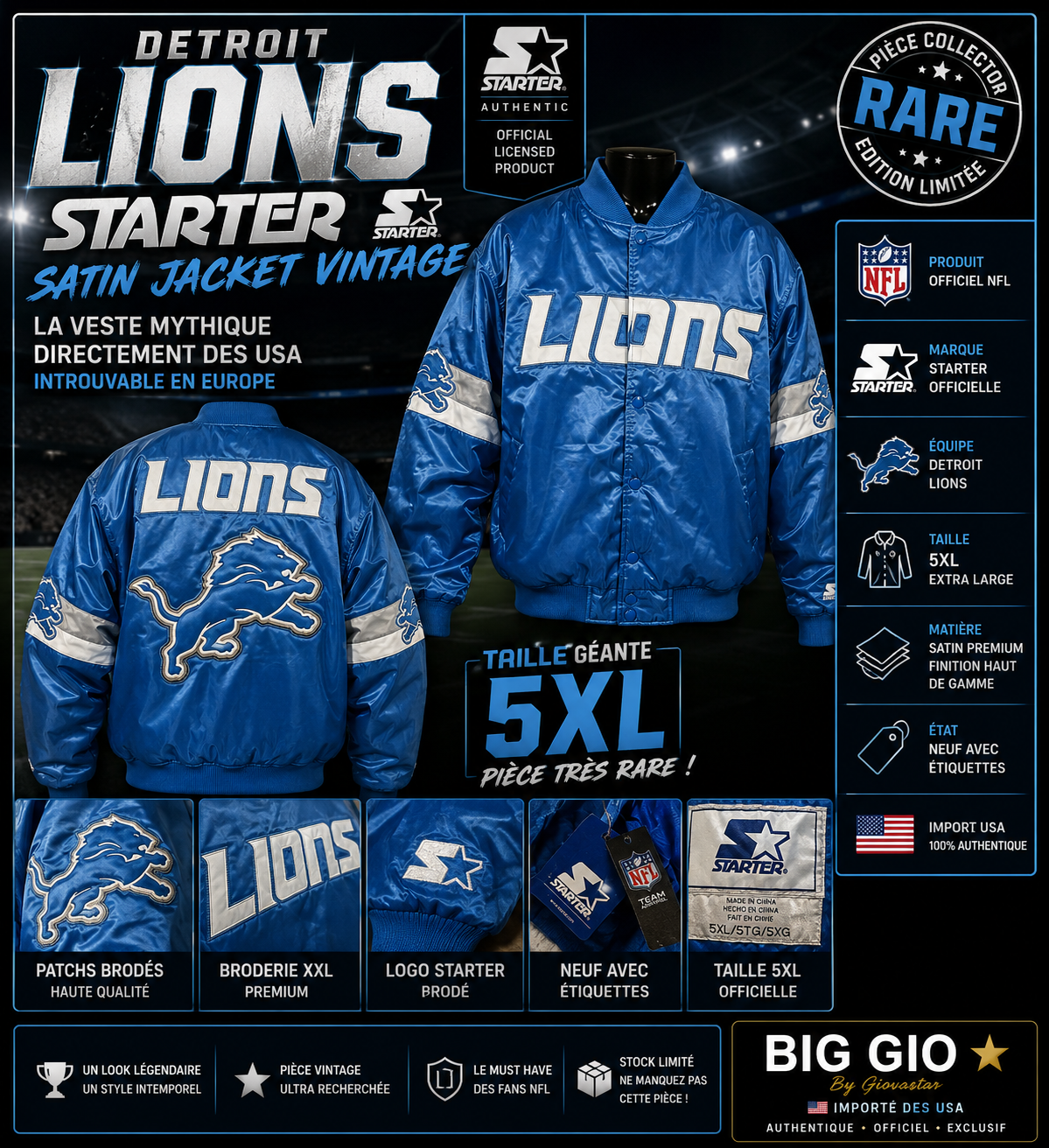 Starter Detroit Lions satin jacket vintage NFL 5XL collector rare