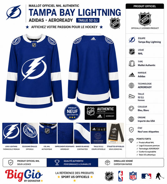 Maillot Adidas NHL Tampa Bay Lightning Authentic Jersey Bleu Taille 52 ⚡🏒 Édition Officielle Rare