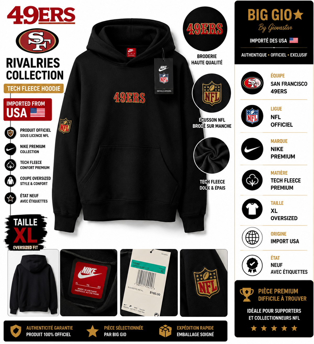 nike nfl san francisco 49ers rivalries tech fleece hoodie xl