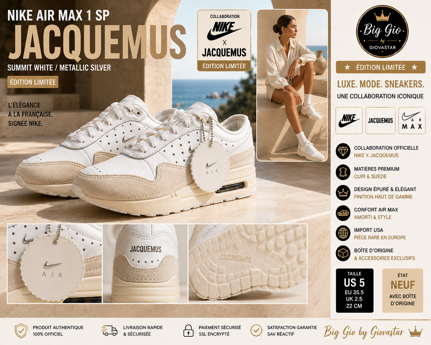 ✨ Nike Air Max 1 SP x Jacquemus Summit White Metallic Silver – Neuve – Collaboration Luxe – Import Premium