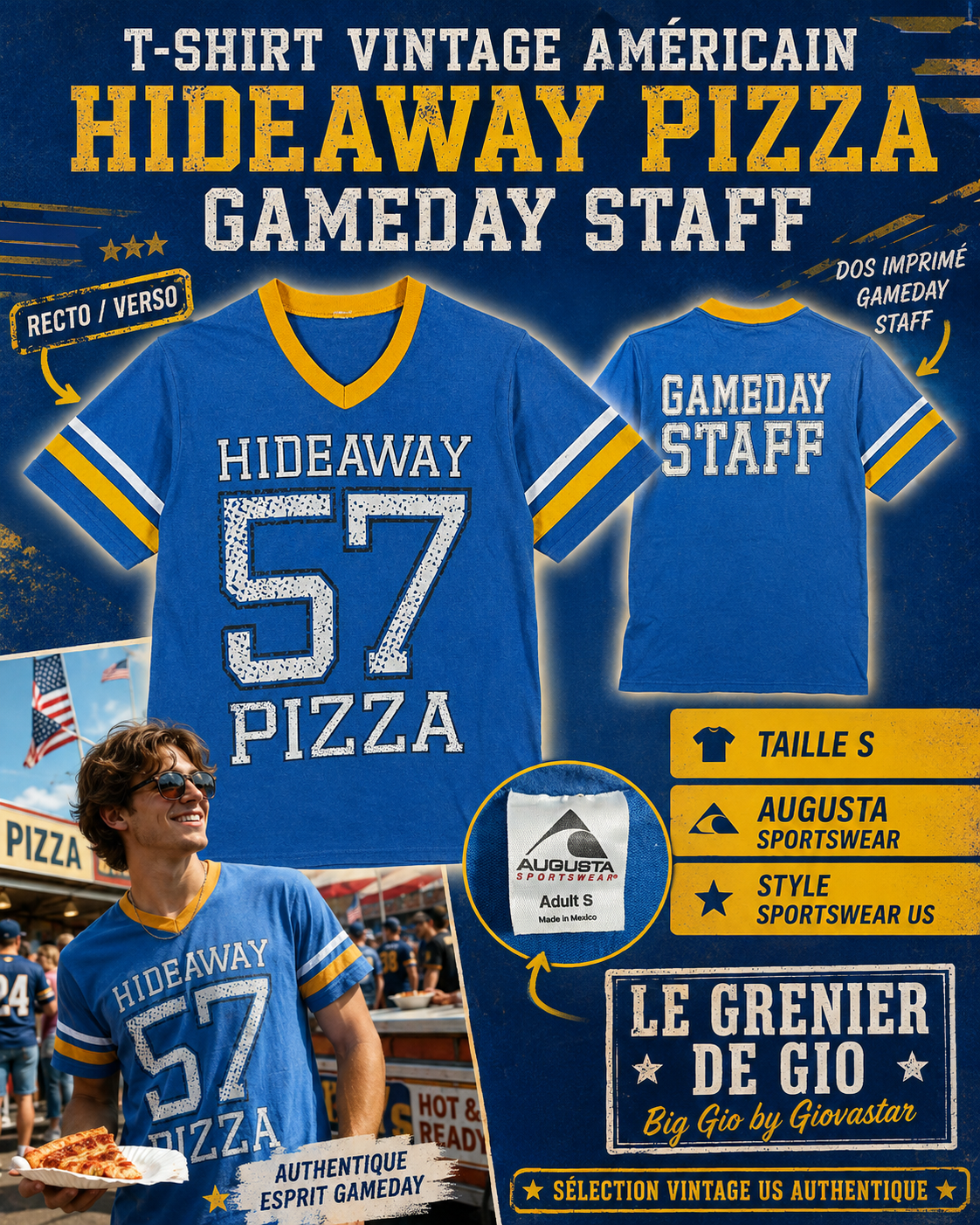 Augusta Hideaway Pizza 57 Gameday Staff T-shirt vintage bleu – Taille S