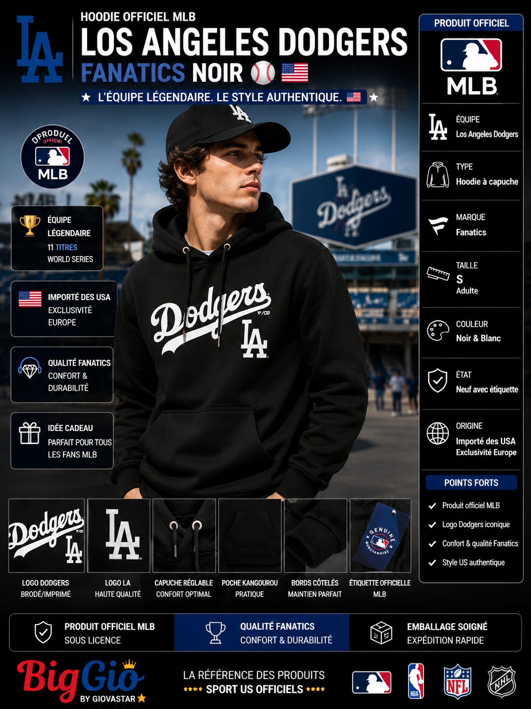 🔥 Hoodie officiel Los Angeles Dodgers MLB Fanatics noir taille S ⚾🇺🇸