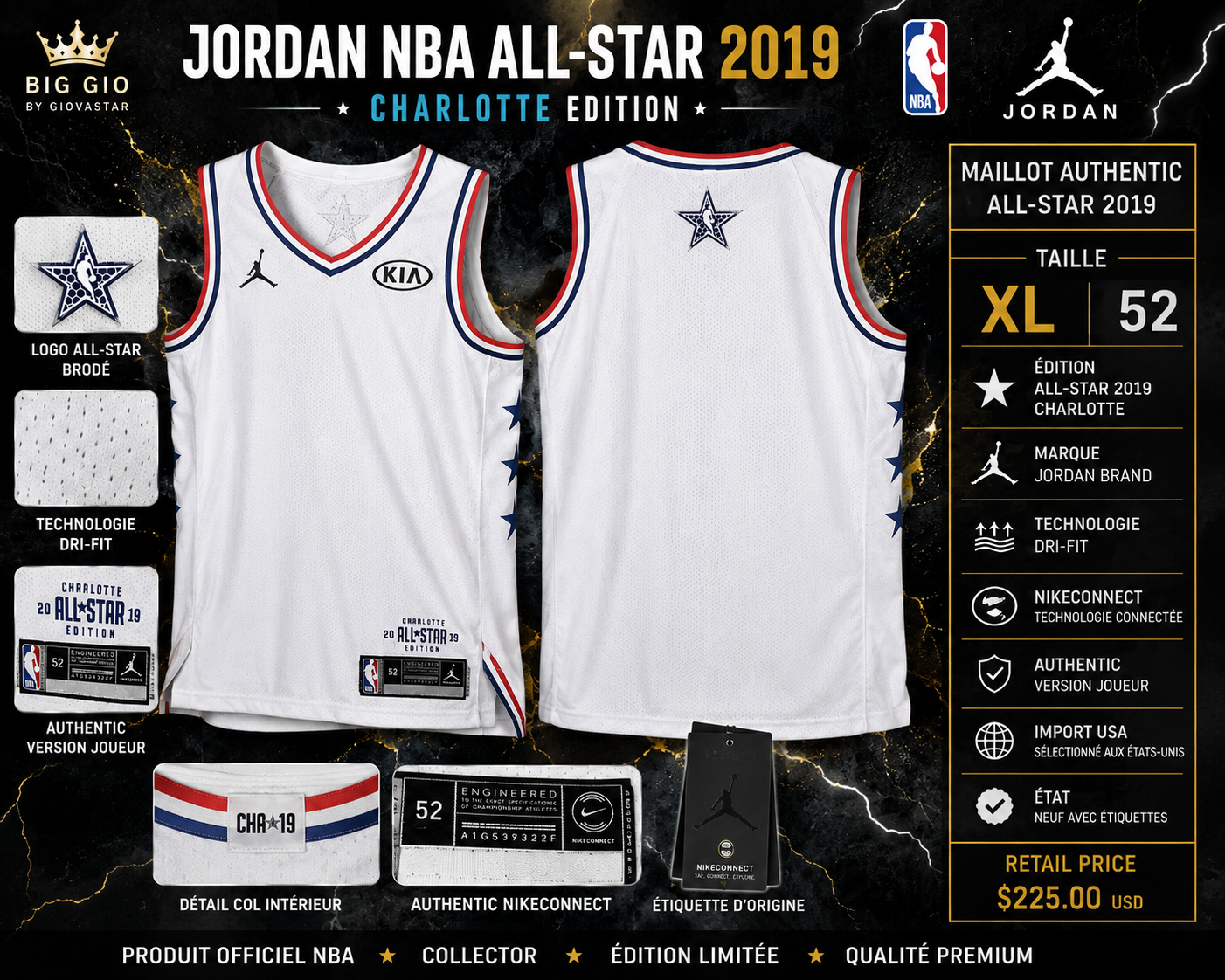 🏀 Maillot Jordan NBA All-Star 2019 Charlotte Authentic NikeConnect Blanc XL (52) Neuf Import USA