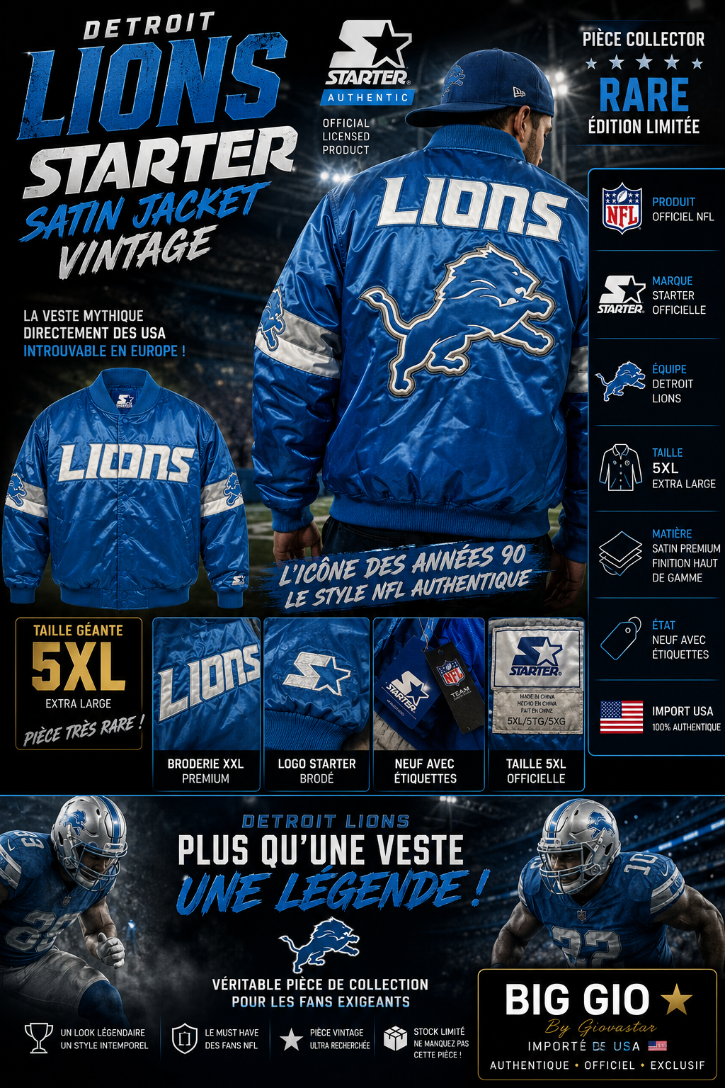 Starter Detroit Lions satin jacket vintage NFL 5XL collector rare