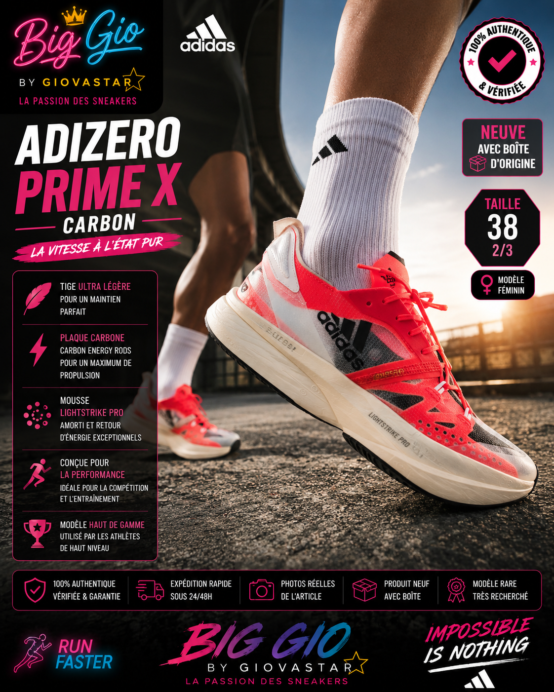 adidas adizero prime x carbon neuve boîte 38 2/3