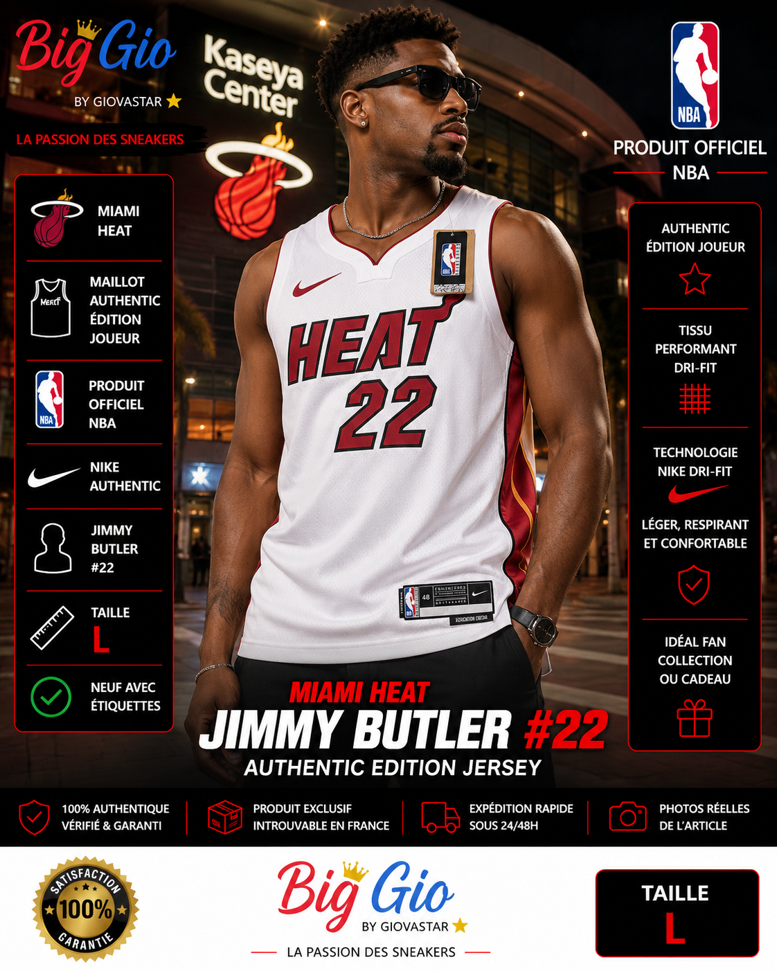Miami Heat Jimmy Butler #22 Authentic Jersey Nike NBA blanc taille L