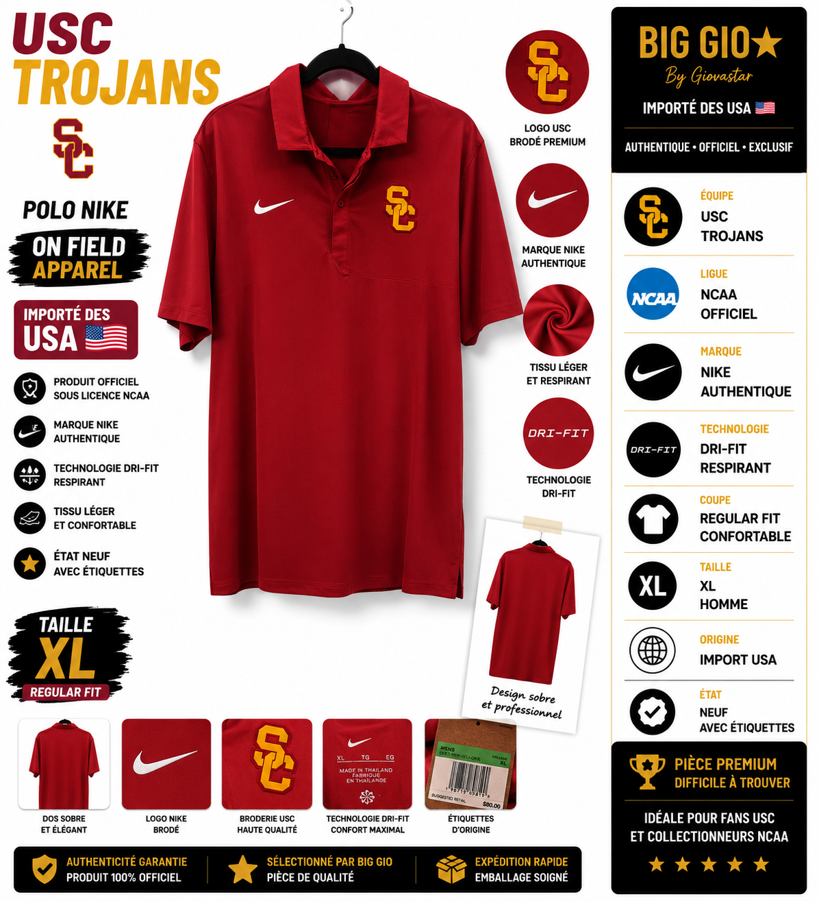 Polo Nike USC Trojans Dri-FIT On Field Rouge XL NCAA