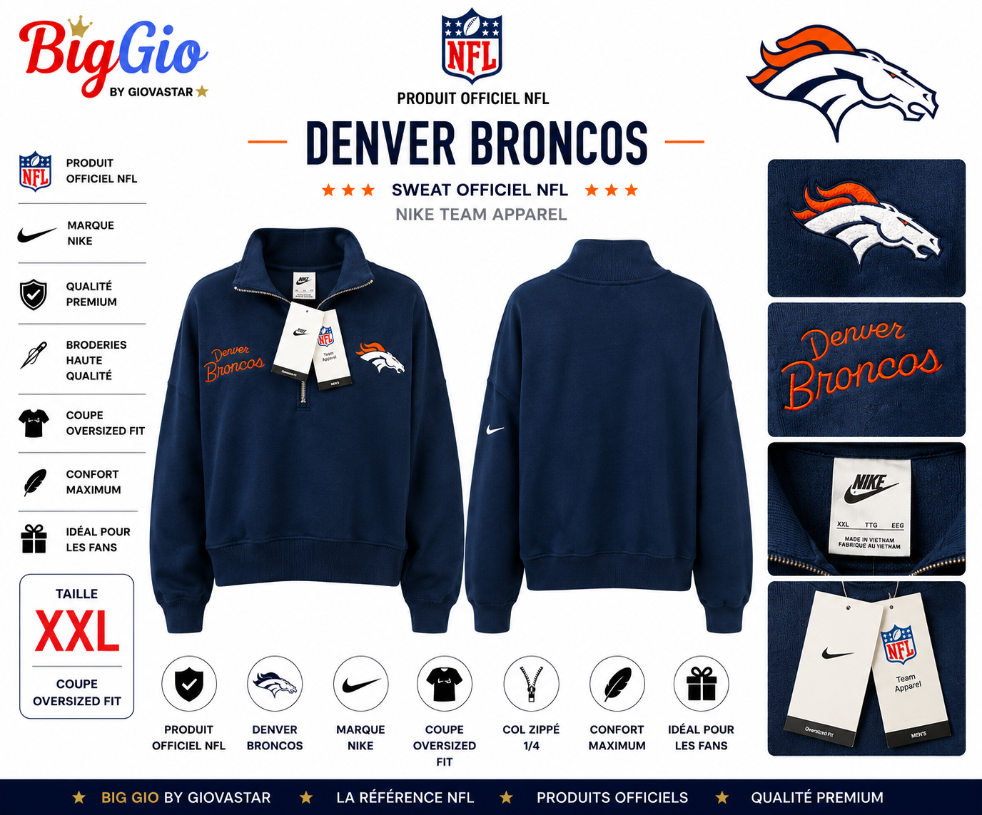 Nike Denver Broncos NFL 1/4 Zip Oversized XXL