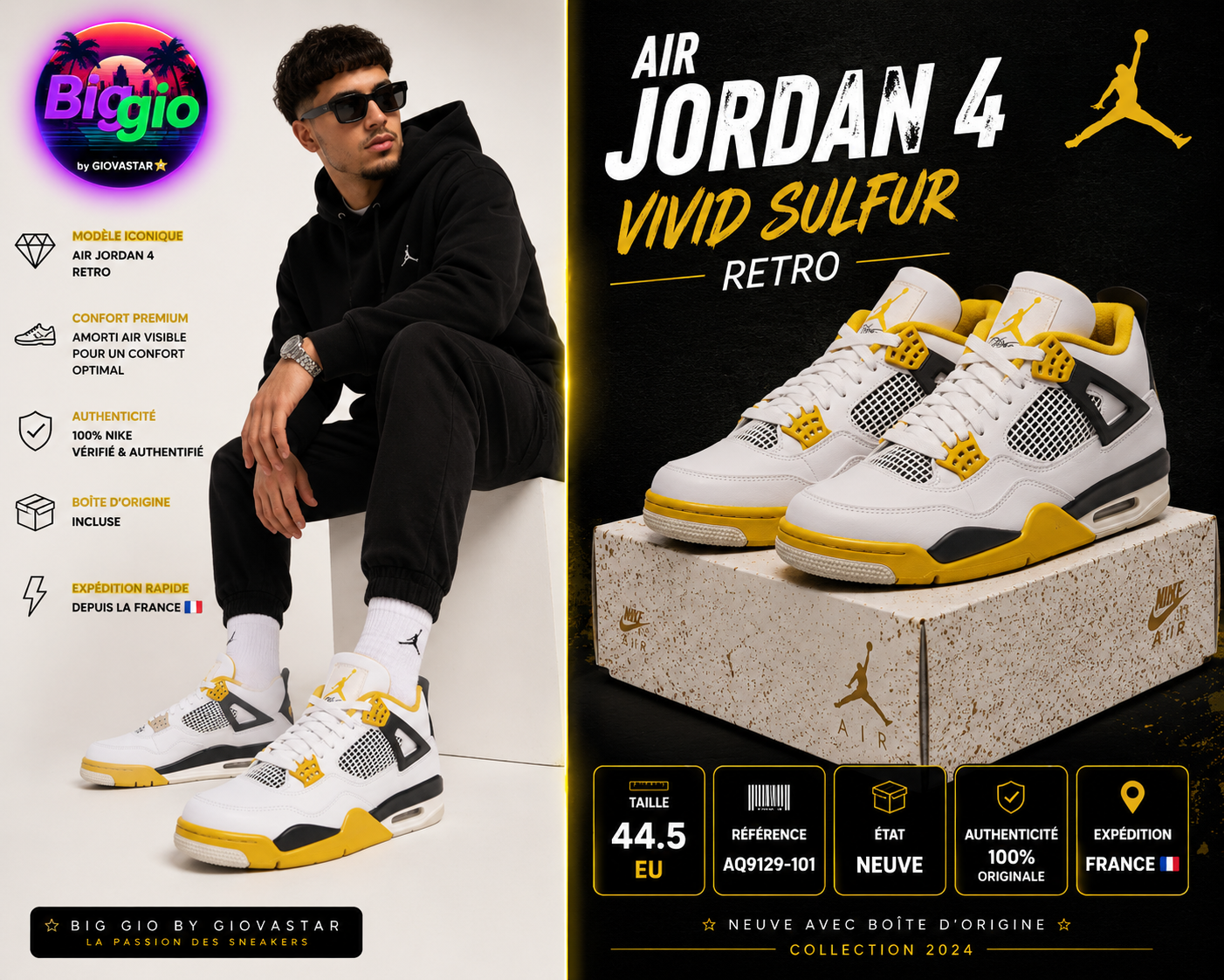 Air Jordan 4 Retro Vivid Sulfur neuves boîte T44.5