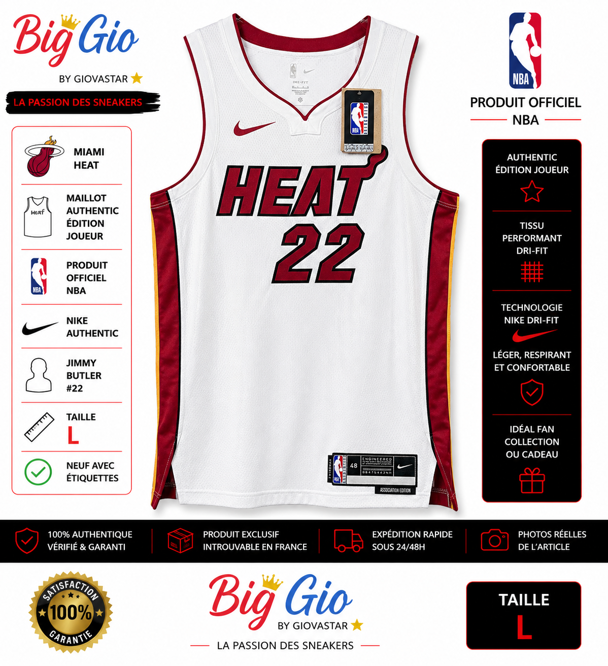 Miami Heat Jimmy Butler #22 Authentic Jersey Nike NBA blanc taille L
