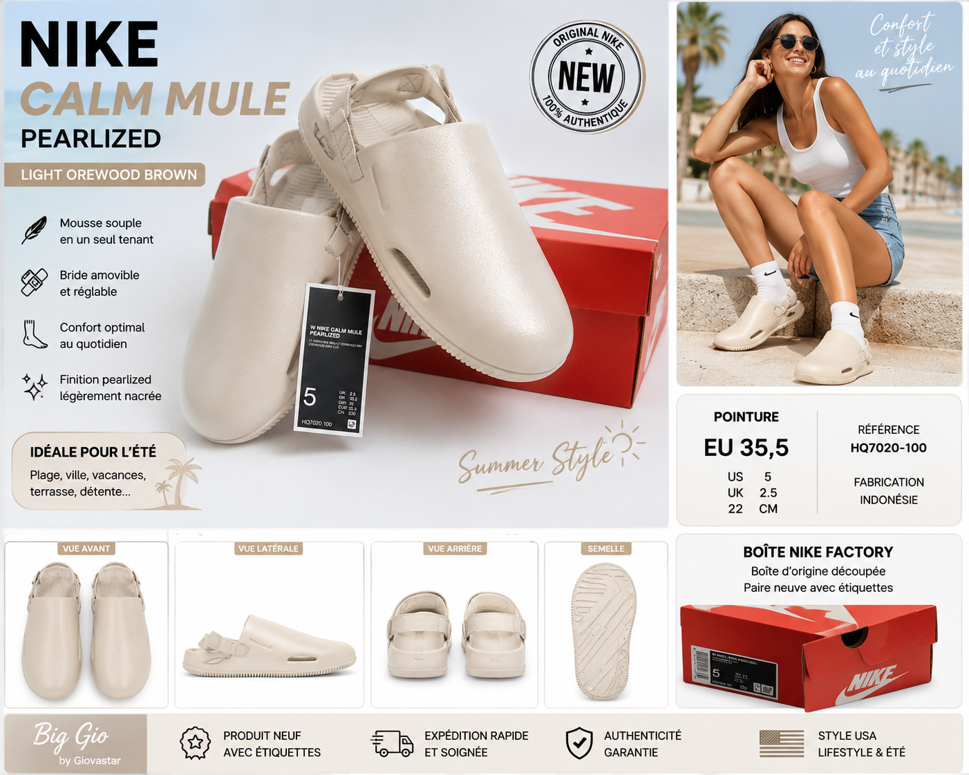 Nike Calm Mule Pearlized Light Orewood Brown – Femme 35,5