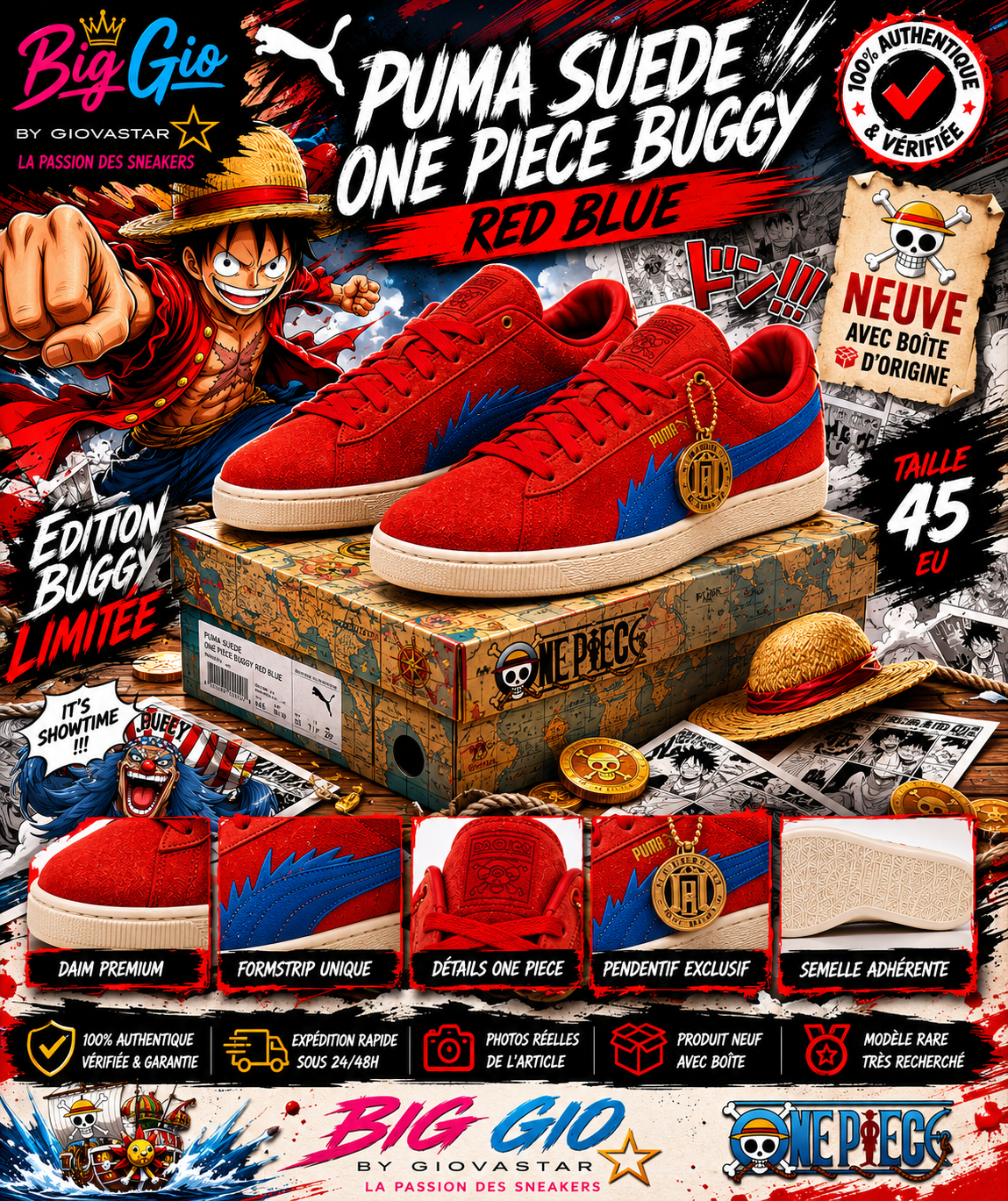Puma Suede x One Piece Buggy neuve boîte T45