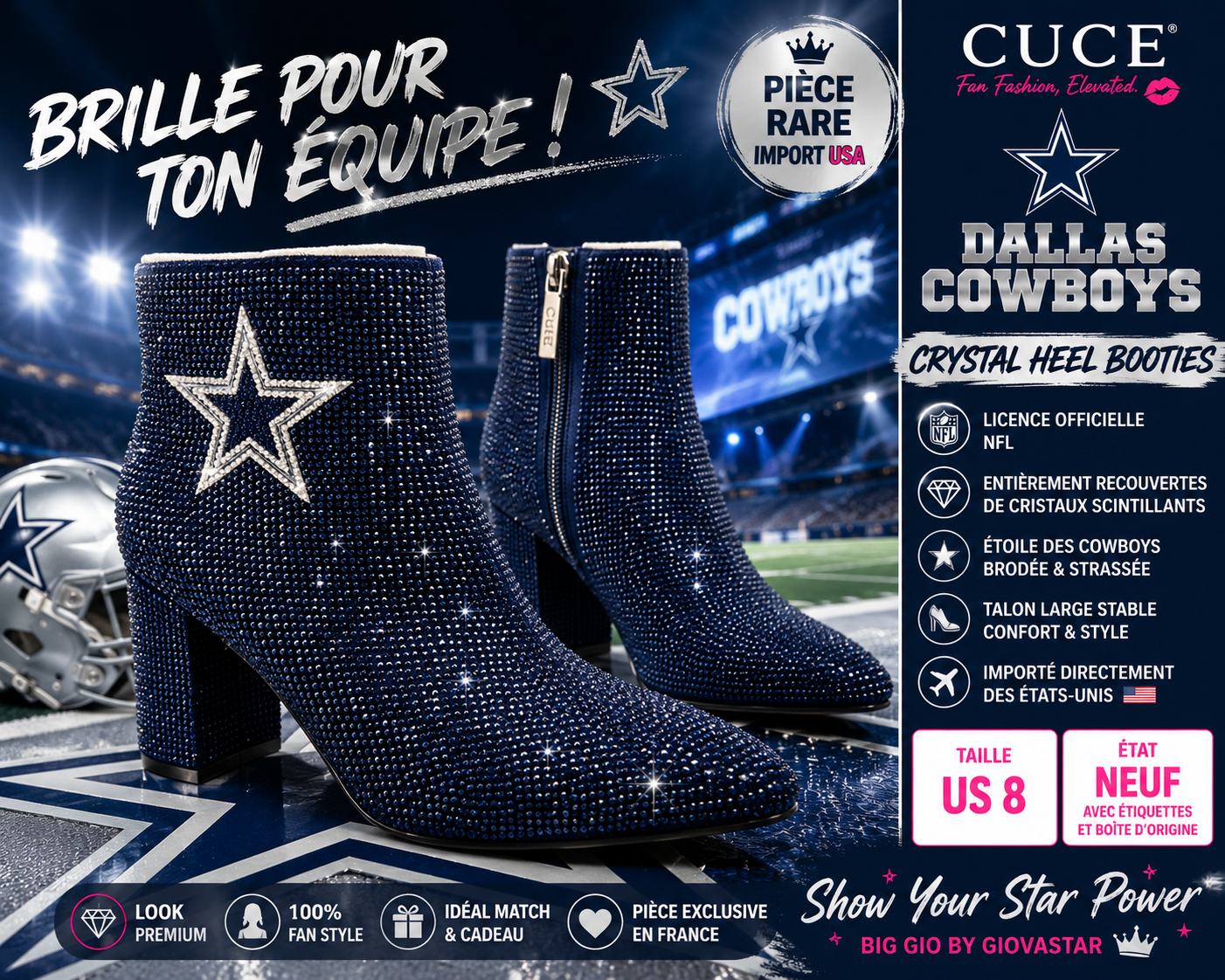 Bottines Cuce Dallas Cowboys Crystal Heel Booties NFL officielles neuves – cristaux premium import USA
